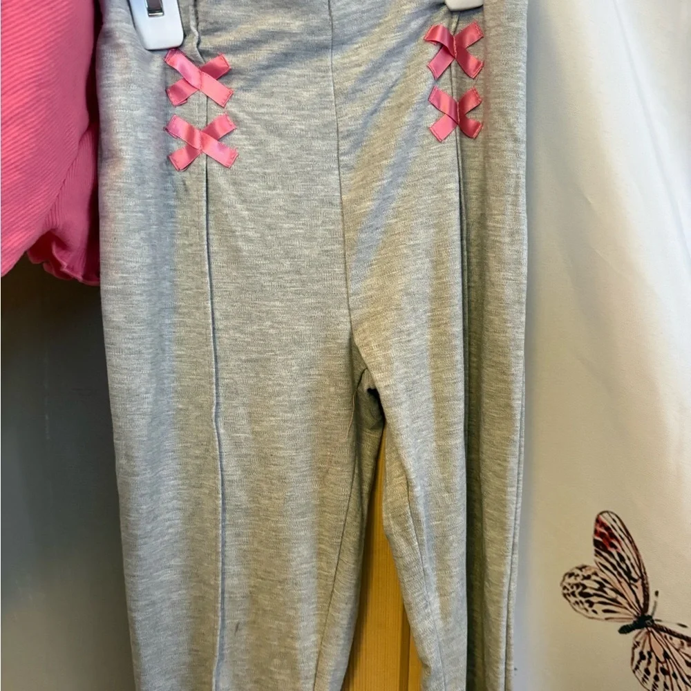 Pink Top and Gray Leggings Set with Headband